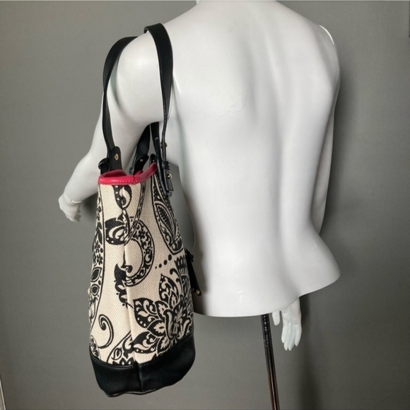 Spartina Tote Linen Canvas Double Leather Straps Paisley Print Rope Detail GUC - Picture 5 of 14